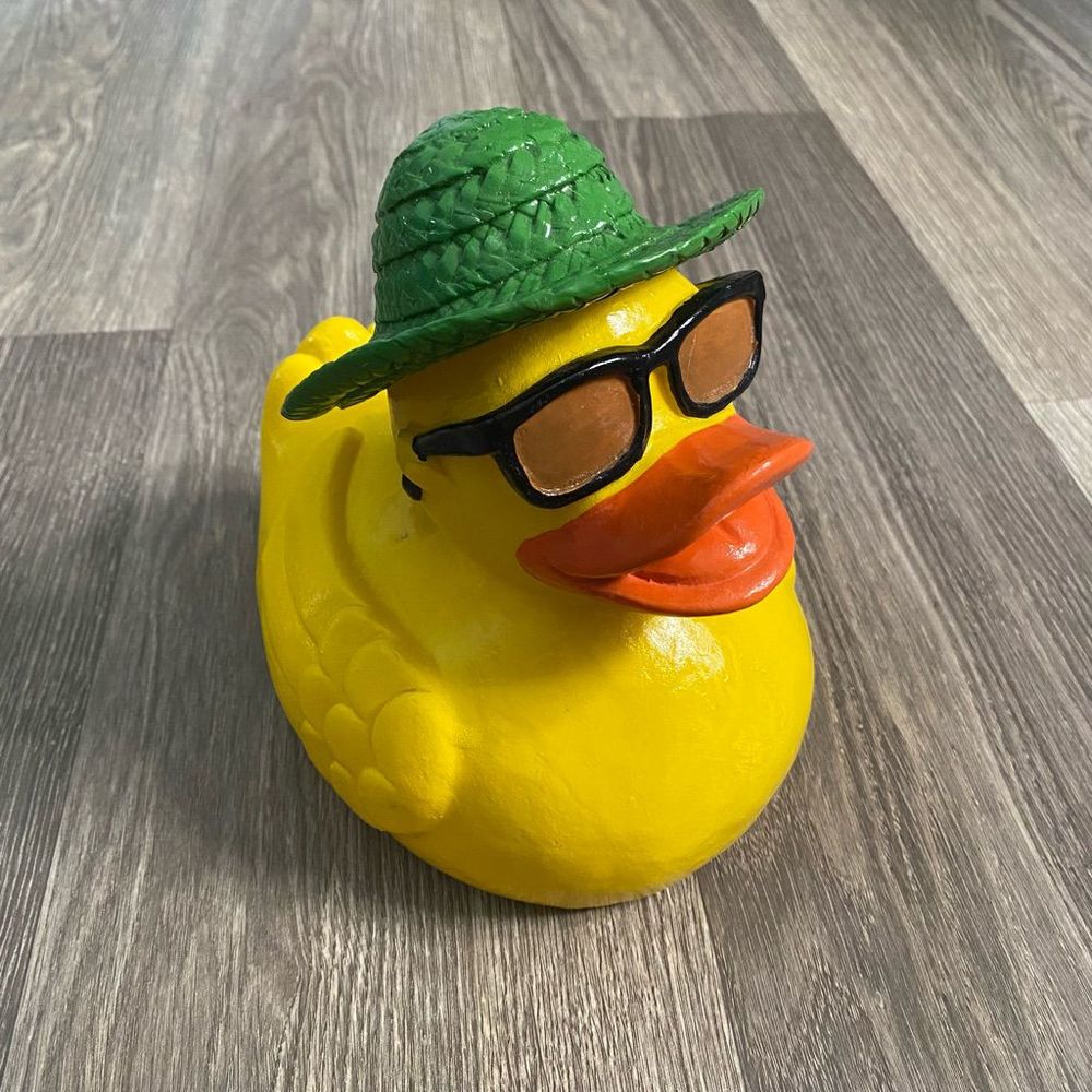 Ceramic Duck Sculpture Wearing Sunglasses and Green Straw Hat